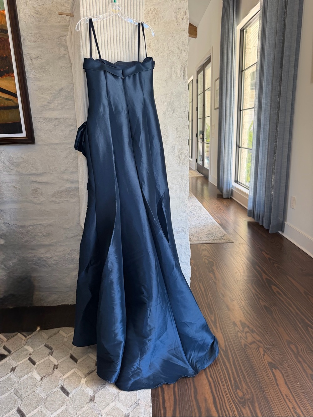 Terani Couture Strapless Navy Blue Taffeta Gown with Sculpted Rosette - Picture 2 of 9